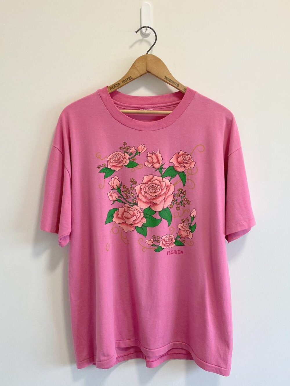 Vintage Pink Rose Graphic Florida Souvenir T-Shirt / 90s